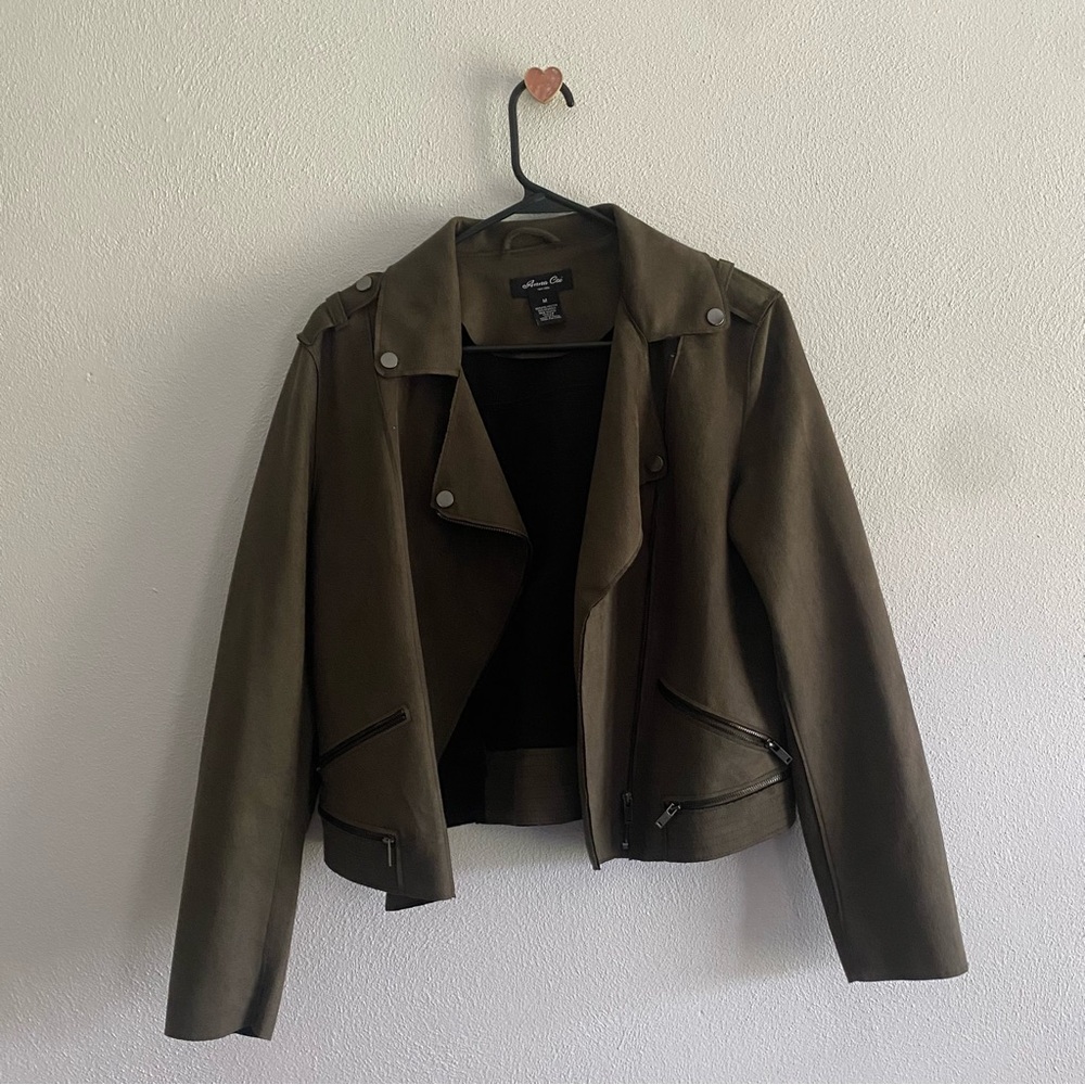 Anna Cai New York Olive Green Suede Leather Moto Jacket
